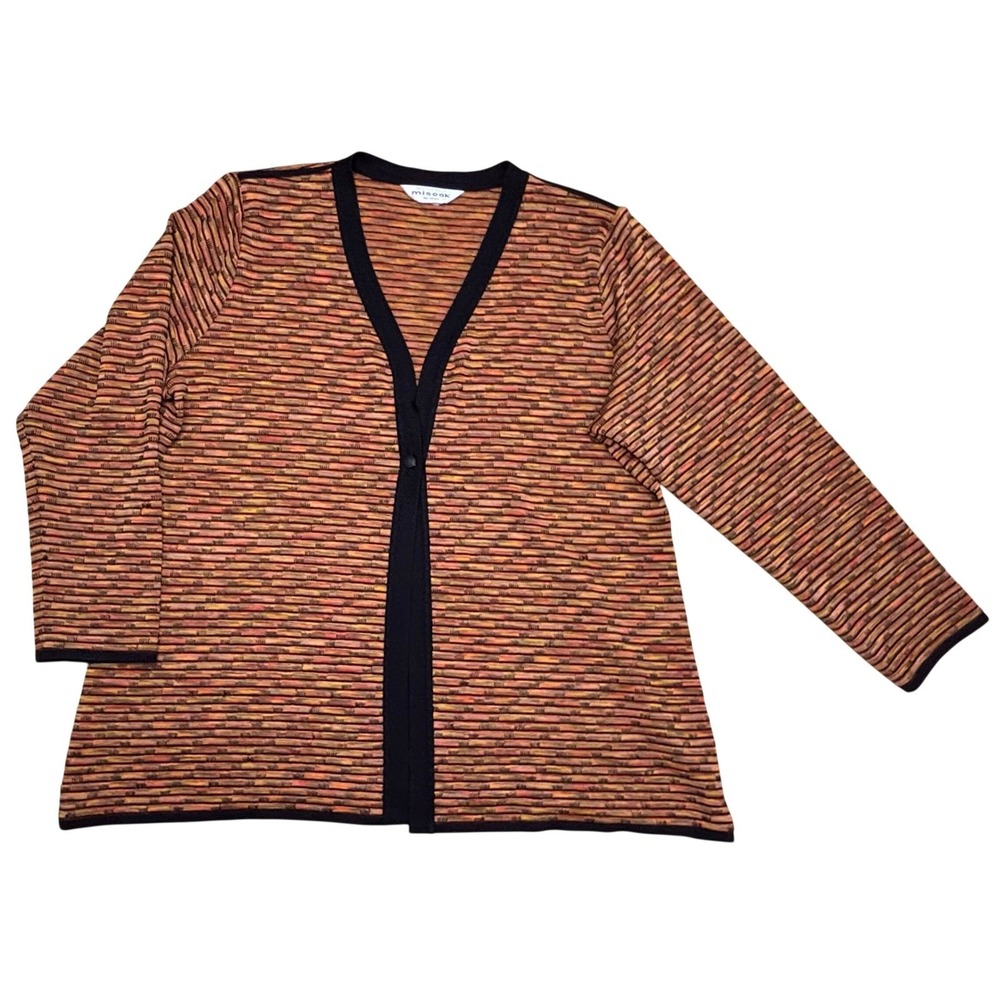 Misook Woman Cardigan Size 2X XXL 2XL Orange Black Textured Knit V-Neck Womens